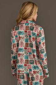 Christmas Presents Satin Pajama Set featuring a long-sleeved button-down top and matching pants with a colorful Christmas present pattern.