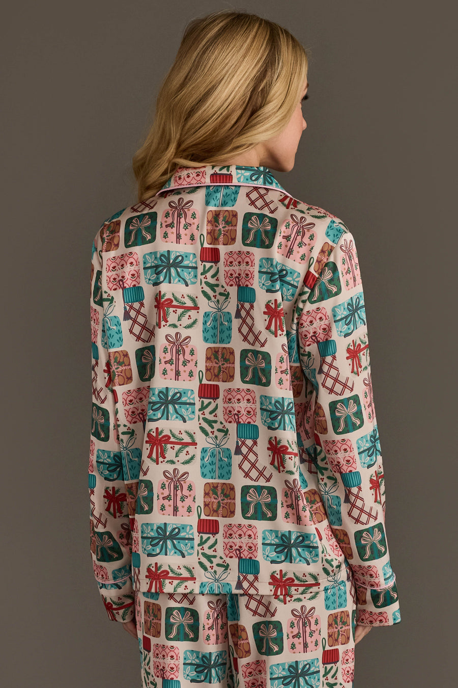 Christmas Presents Satin Pajama Set featuring a long-sleeved button-down top and matching pants with a colorful Christmas present pattern.