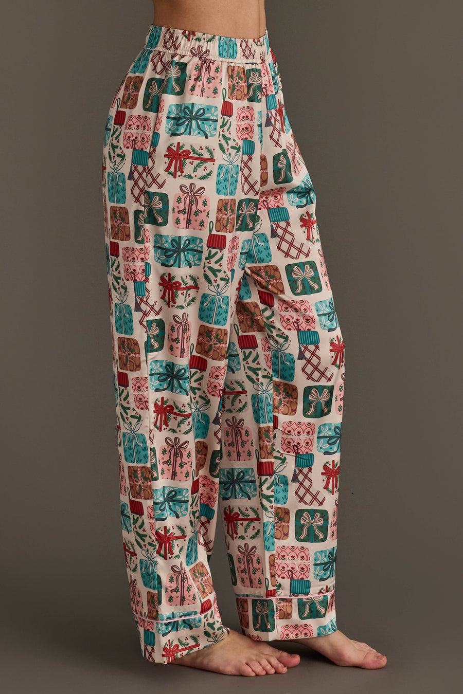 Christmas Presents Satin Pajama Set featuring festive pants with a colorful pattern of wrapped Christmas gifts on a light background.