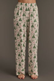 Off-white Trees & Bows Jersey Pajama Set pants with a pattern of green Christmas trees and pink bows, featuring an elastic waistband.