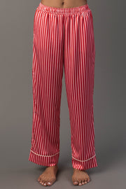 Panache Apparel Collection Red & Pink Striped Satin Pajama Set pajama pants featuring red and pink vertical stripes with white hem piping.