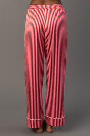 Red & Pink Striped Satin Pajama Set featuring red and pink striped pajama pants with a drawstring waist and white piping at the hems.