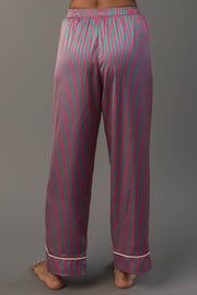 Pink and green striped satin pajama pants from the Pink & Green Striped Satin Pajama Set, featuring a white piped hem.