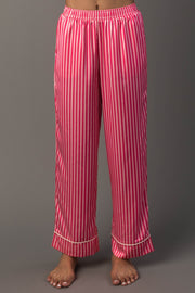 Bright and light pink striped satin pajama pants from the Panache Apparel Collection, featuring white piping at the cuffs.