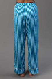 Blue & Light Blue Striped Satin Pajama Set pants featuring blue and light blue stripes, a satin finish, and a white hem at the ankles.