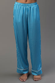 Blue & Light Blue Striped Satin Pajama Set pants in blue and light blue stripes with white piping at the cuffs.