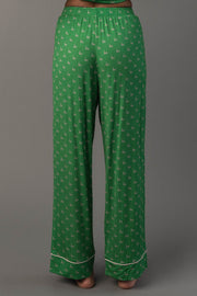 Green & Light Pink Ho Ho Ho Jersey Pajama Set featuring green jersey pajama pants with a repeating light pink Ho Ho Ho print and light pink piping at the cuffs.