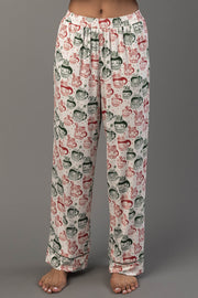 Pajama pants from the Ivory Santa Mugs Jersey Pajama Set featuring an all-over print of Santa Claus mugs in red and green.