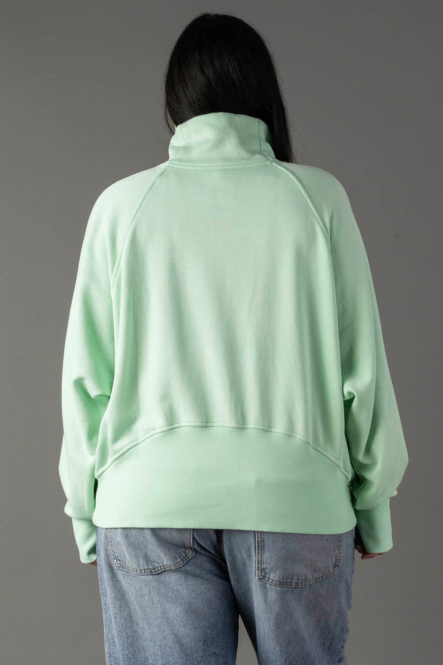 A person with long dark hair is seen from the back, wearing a Panache Apparel Collection Mint Quarter Zip Sweatshirt and blue jeans, standing against a plain gray background.