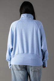 A person with long dark hair, seen from behind, wears the Panache Apparel Collection Light Blue Quarter Zip Sweatshirt and light blue jeans against a plain gray background.