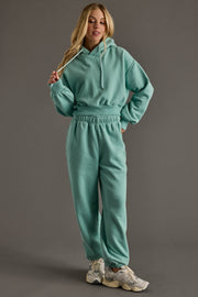A person stands against a gray background wearing Mint Panache Sweatpants from Panache Apparel Collection, paired with a light teal hoodie and white sneakers, one hand in their pocket and the other holding a hoodie string.