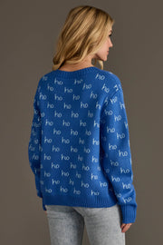Blue Ho Ho Ho Sweater featuring a repeating white ho pattern.