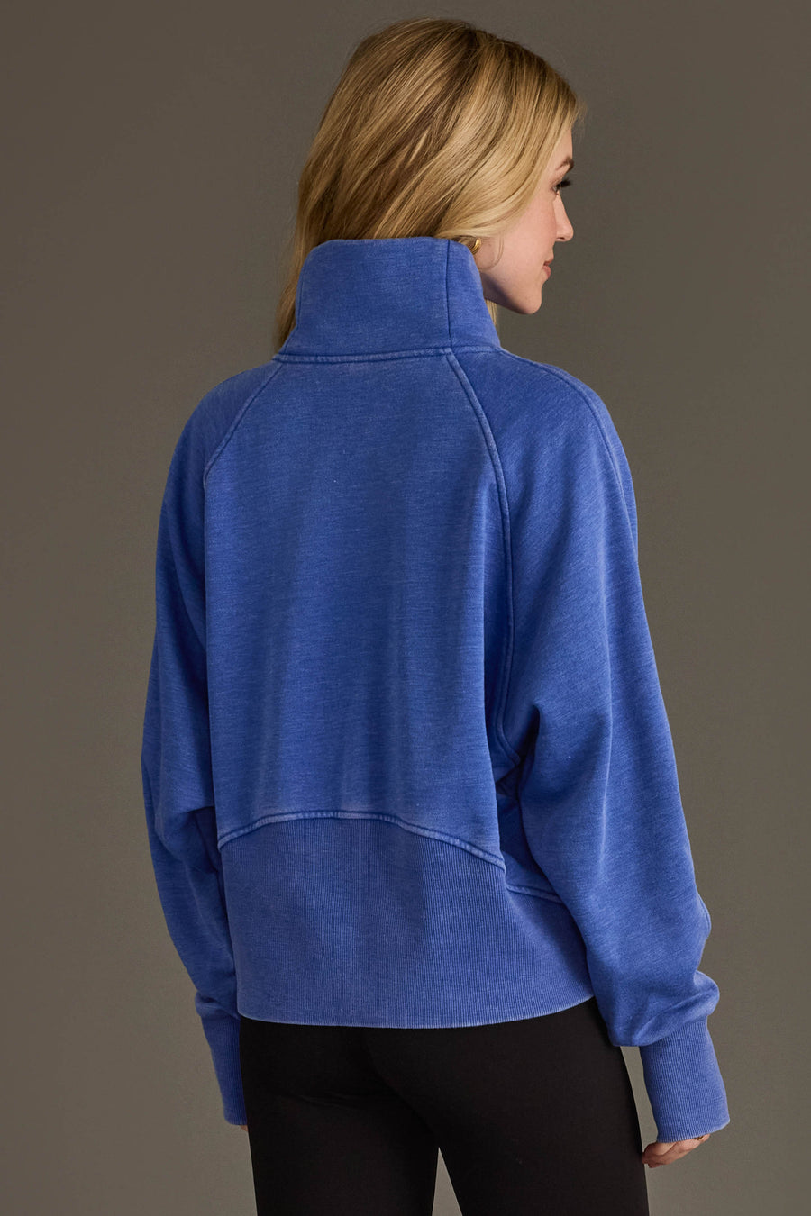 Back view of Panache Apparel’s royal blue women’s quarter zip sweatshirt.