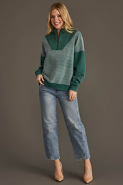 Full-length view of Panache Apparel’s teal mixed media quarter zip sweatshirt.