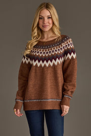 Front view of Panache Apparel’s brown Fair Isle knit sweater featuring burgundy, gray and white geometric detailing.