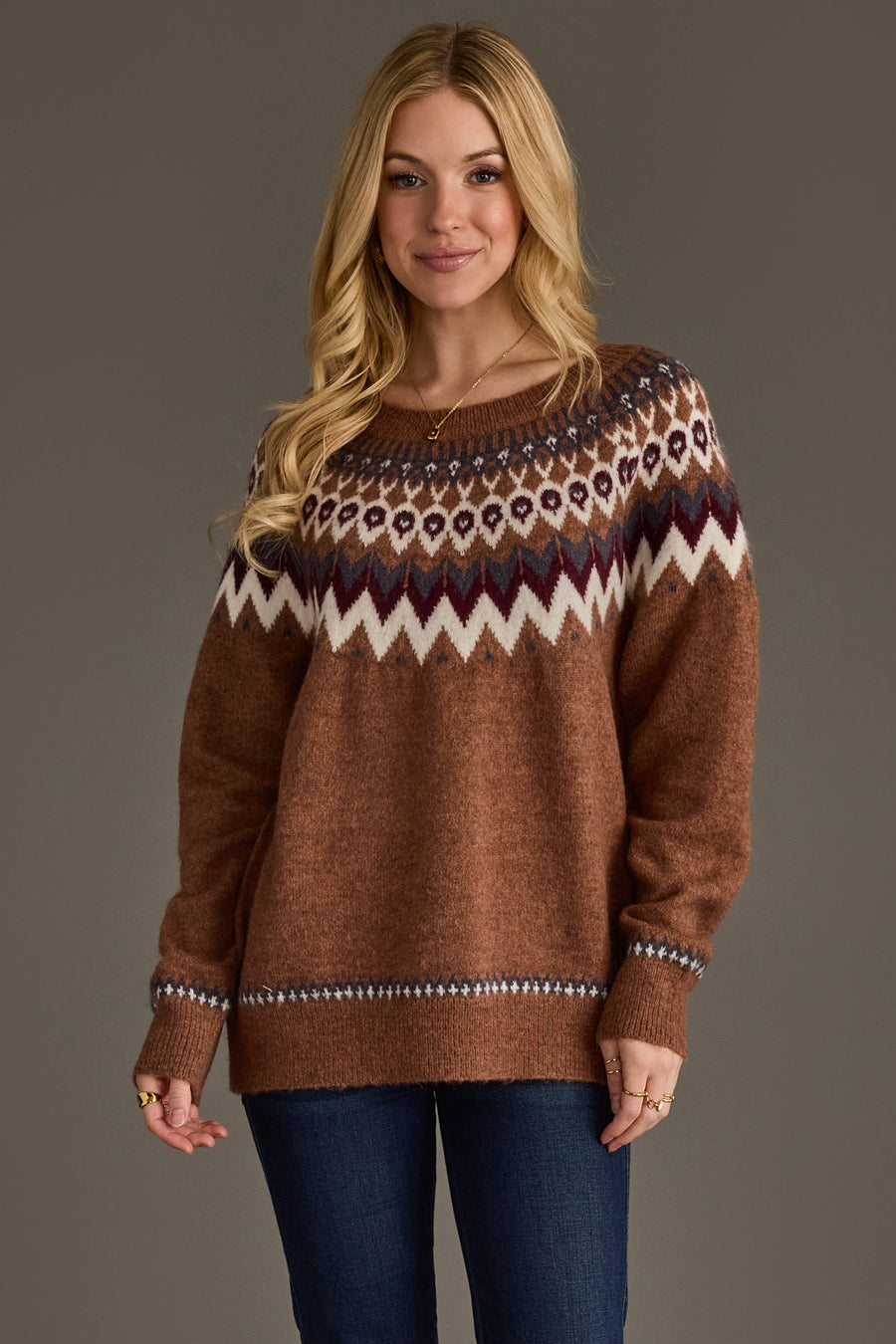 Front view of Panache Apparel’s brown Fair Isle knit sweater featuring burgundy, gray and white geometric detailing.
