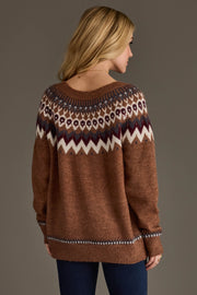 Back view of Panache Apparel’s brown Fair Isle sweater showing the patterned shoulders, ribbed cuffs and relaxed fit.
