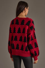 A person viewed from behind wearing a Panache Apparel Collection Red & Black Tree Sweater, a red crew-neck sweater patterned with black pine trees.