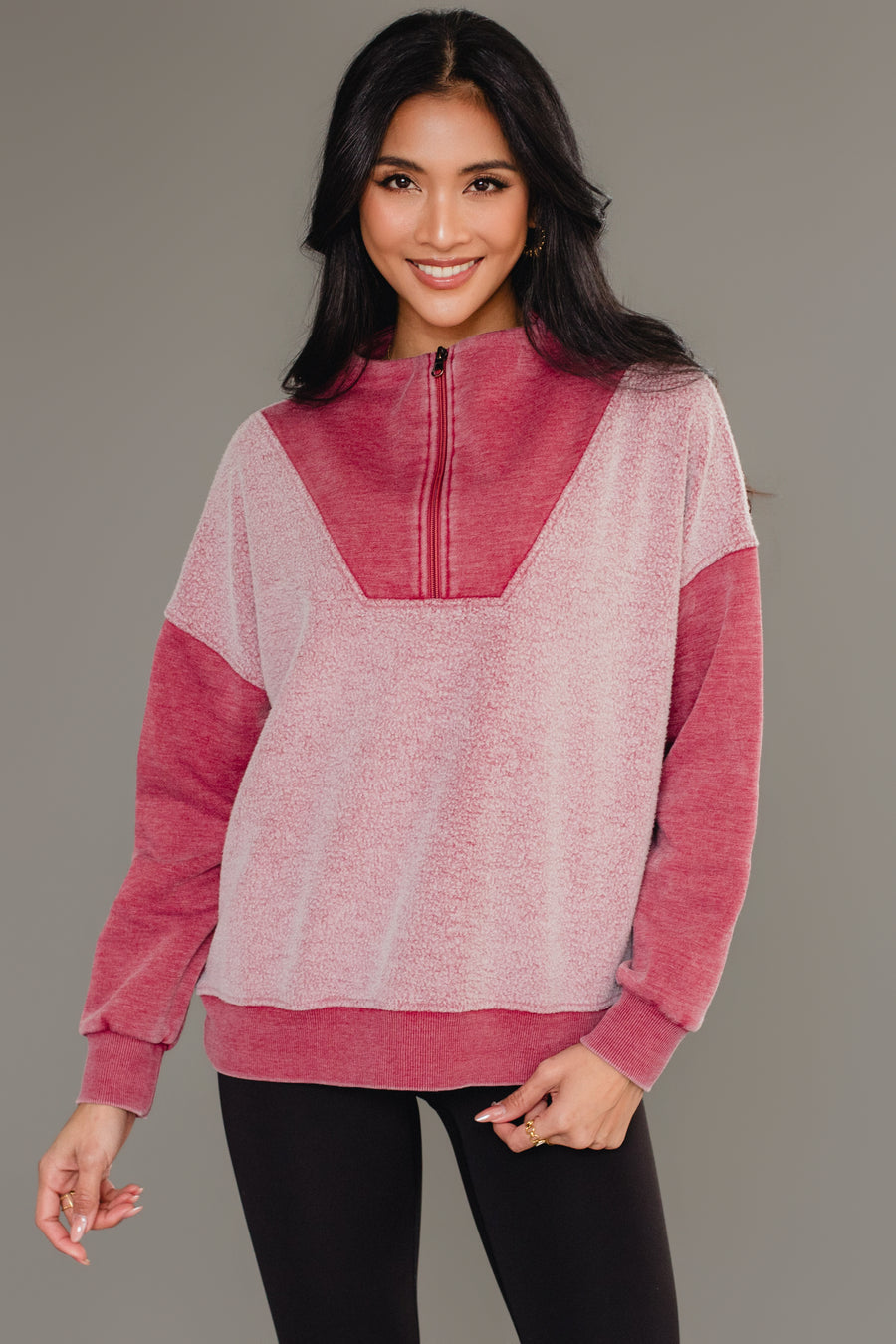 Front view of woman wearing Panache Apparel’s burgundy mixed media quarter zip sweatshirt.