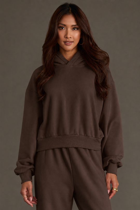 A woman with long, wavy brown hair models the Panache Apparel Collection’s Brown Panache Cropped Hooded Sweatshirt, showcasing its cozy fleece interior and matching pants while standing against a plain gray background and gazing confidently at the camera.