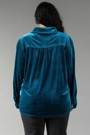 Back view of a Dark Teal Velvet Button Up shirt, featuring a relaxed fit and a pleated back yoke.