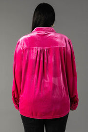 Back view of a Bright Pink Velvet Button Up in soft velvet, featuring a pleated back yoke.