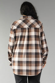 A person with long dark hair is standing facing away, wearing the Panache Apparel Collection Brown, Black & Cream Plaid Button Up with black pants against a plain gray background.