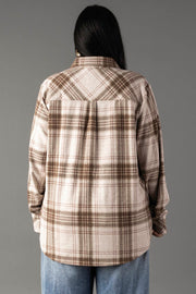A person with long dark hair is shown from the back, wearing the Panache Apparel Collection Brown, Tan & Rose Plaid Button Up shirt and light blue jeans, standing against a plain gray background.