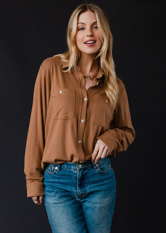 Mindi Super Soft Button Up - Dark Tan