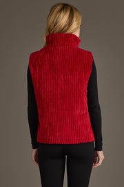 A person with long blonde hair is shown from the back against a plain gray background, wearing the Panache Apparel Collection’s Dark Red Corduroy Vest over a black long-sleeve top and black pants.