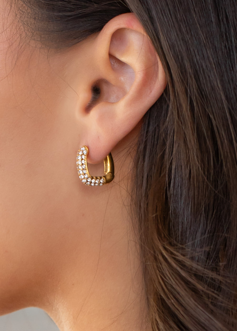 Luxe Gold & Rhinestone Small Squared Hoop Earrings