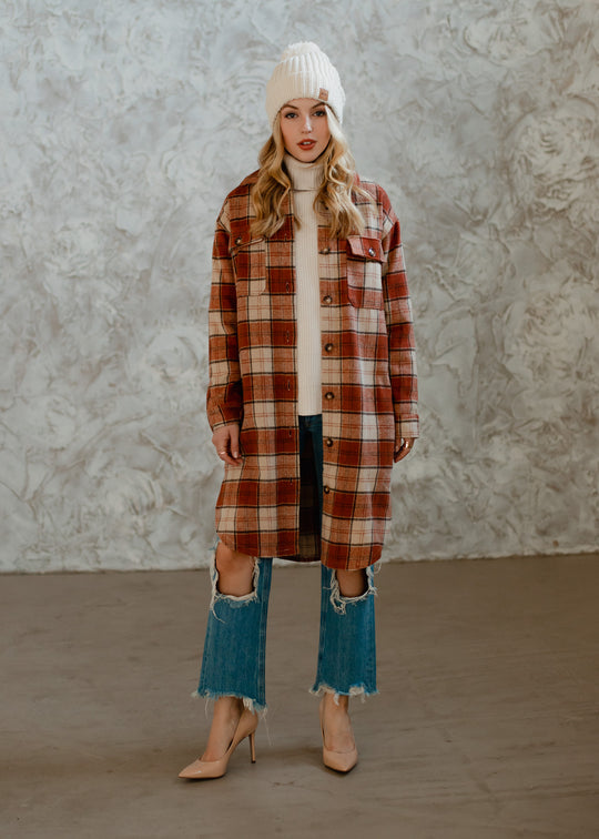 rust, cream and brown plaid long flannel