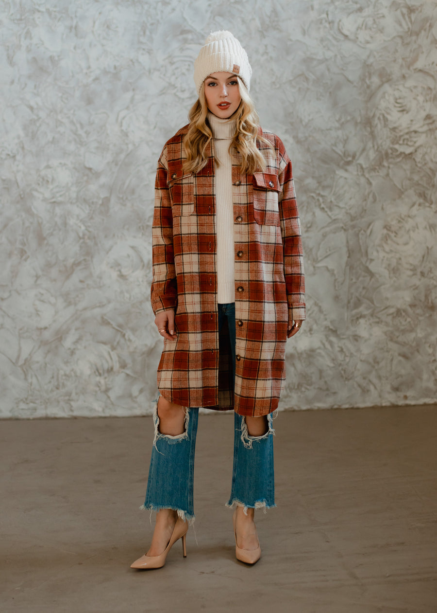 rust, cream and brown plaid long flannel