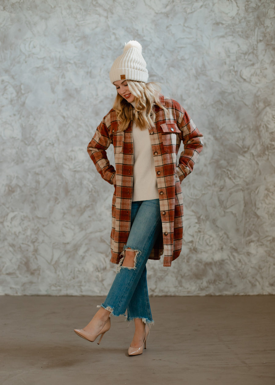 rust, cream and brown plaid long flannel, fall shacket