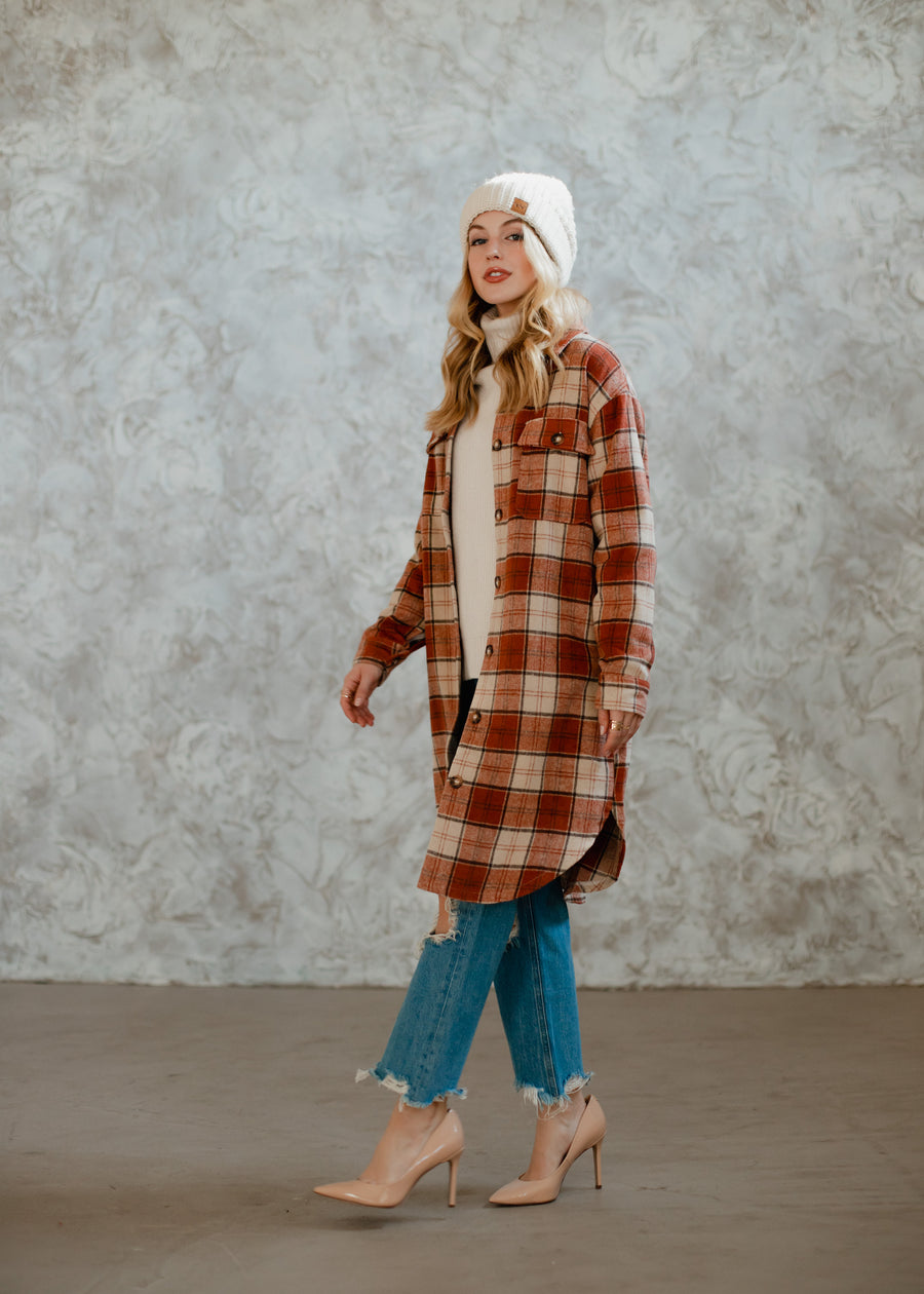 rust, cream and brown plaid long flannel, fall shacket