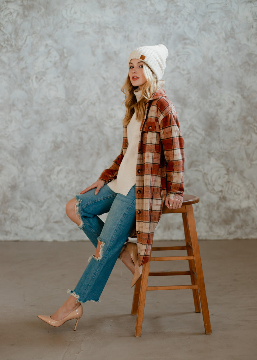 rust, cream and brown plaid long flannel, fall shacket