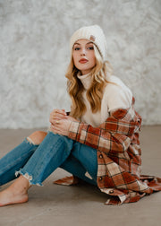 rust, cream and brown plaid long flannel, fall shacket