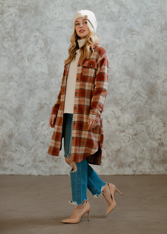 rust, cream and brown plaid long flannel