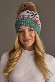 Smiling in front of a plain gray background, a woman with long blonde hair wears the Panache Apparel Collection Light Purple Cherry Pattern Pom Hat and a white ribbed turtleneck.