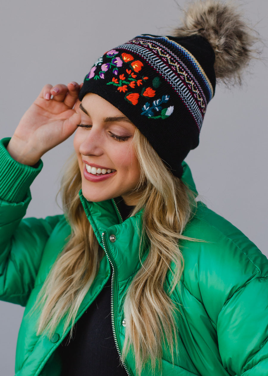 Kylah Luxe Embroidered Pom Hat