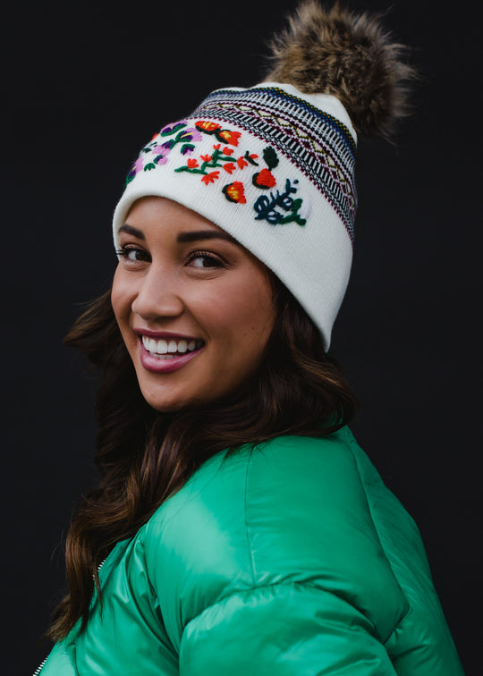 Elysse Luxe Embroidered Pom Hat
