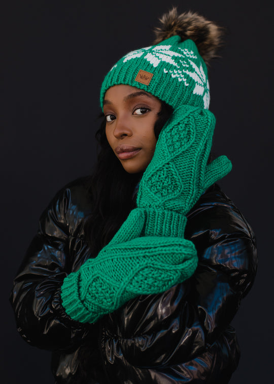 fleece lined green knit mittens