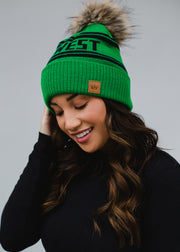 womens green and navy pom hat