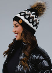 neutral pattern womens hat with pom