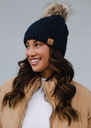 navy knit pom hat