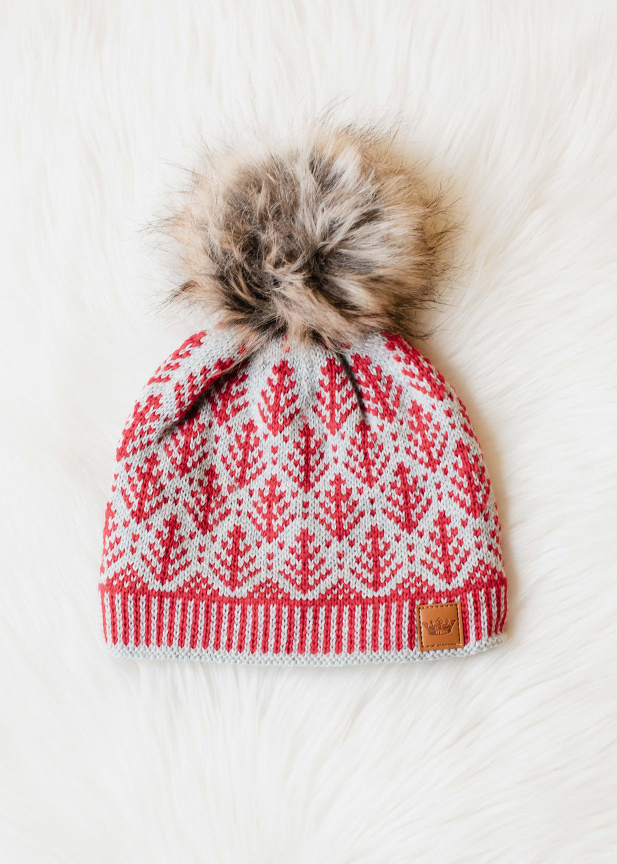 red and gray tree pattern hat