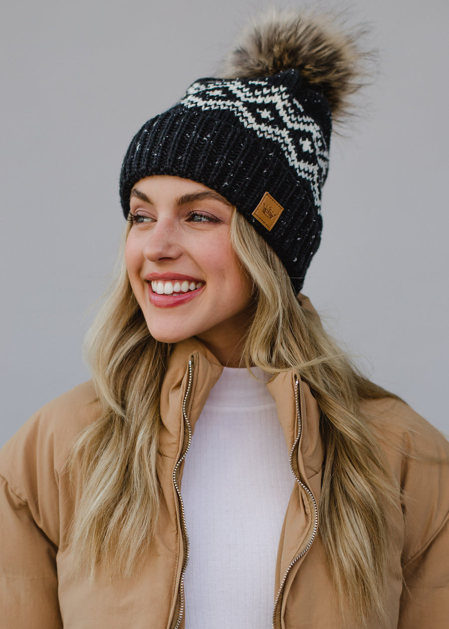 charcoal and white pom hat