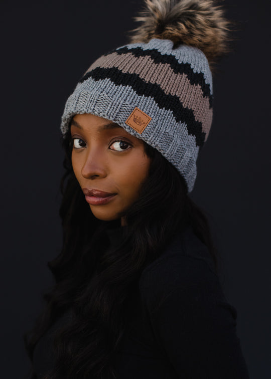 brown grey and black pom hat