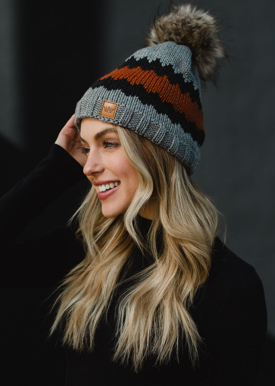 rust and grey pattern hat