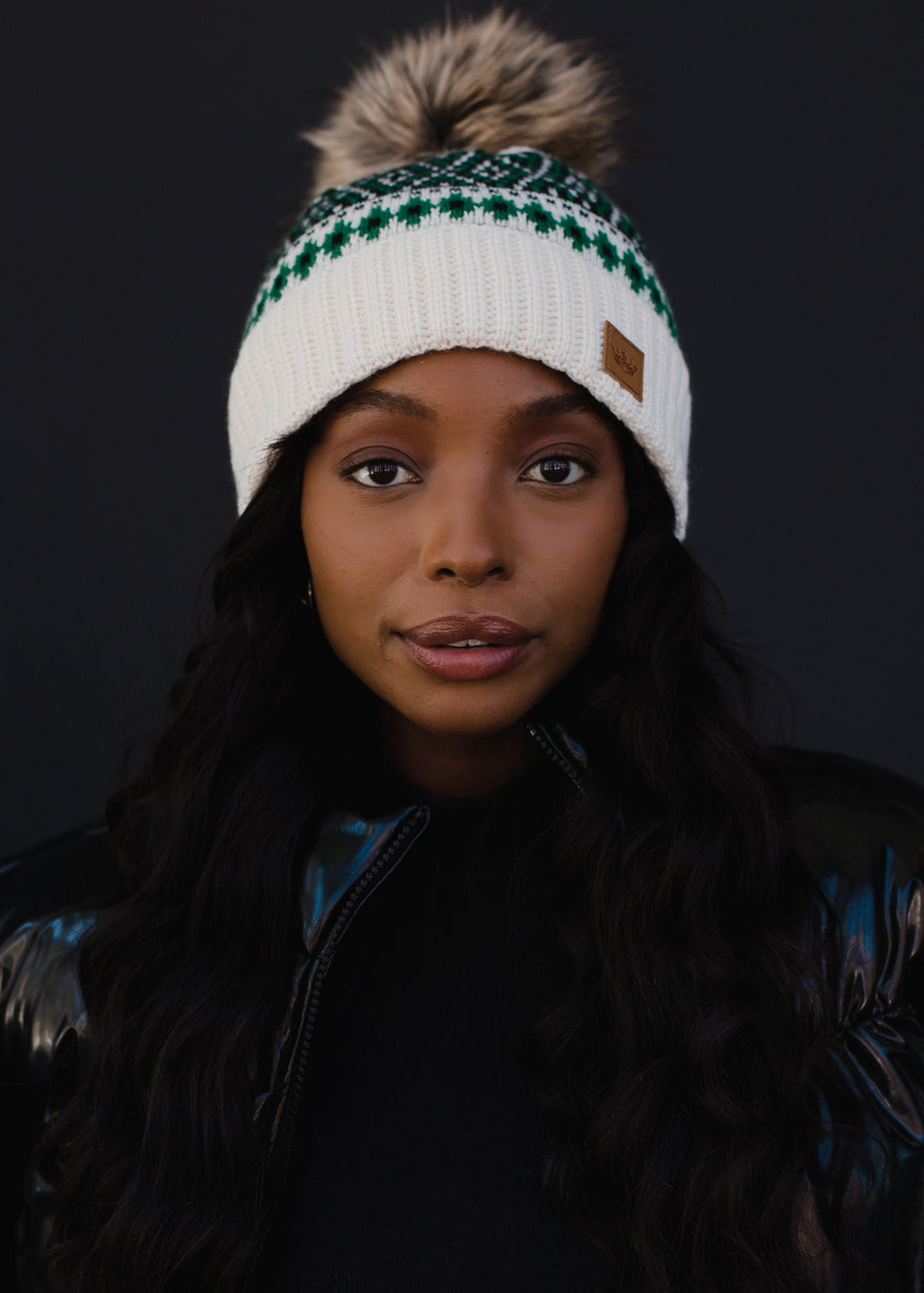 green and white pom womens hat